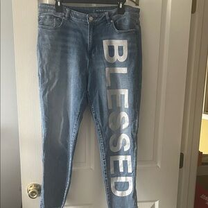 New York & Company Blue high-waist slim boyfriend Jeans with 'BLESSED' Graphic